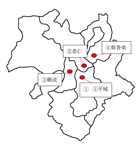 聖武天皇の遷都の順番と場所の地図