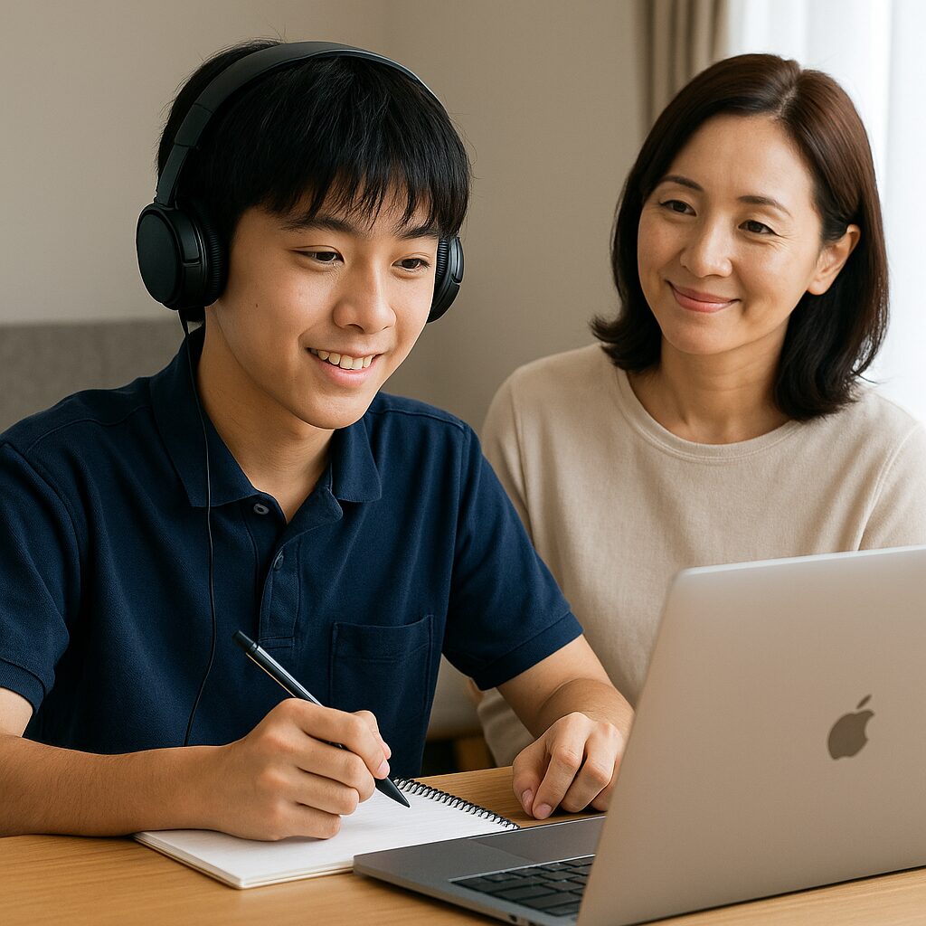 オンラインで個別授業を受講中の高校生とその様子を安心した表情で見守る母親