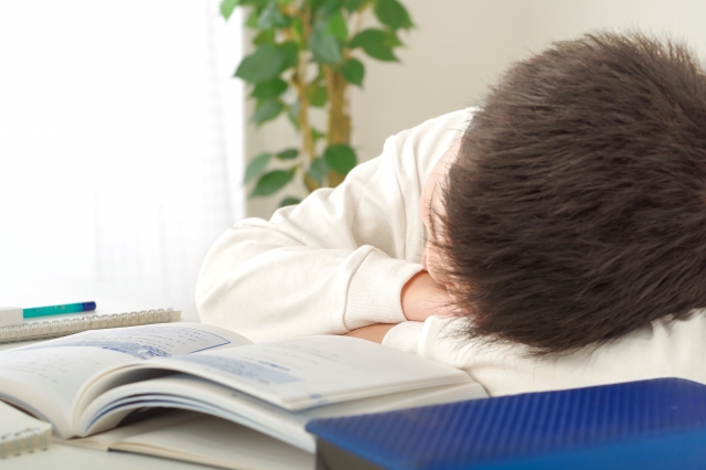 勉強しながら居眠りする小学生