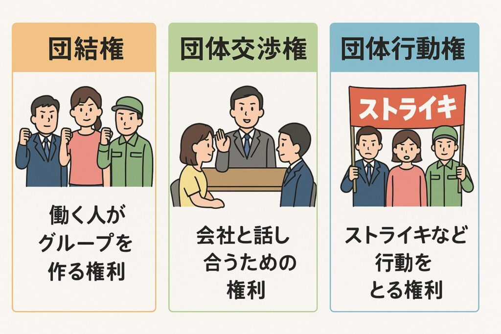 団結権・団体交渉権・団体行動権の違いを表すイラスト