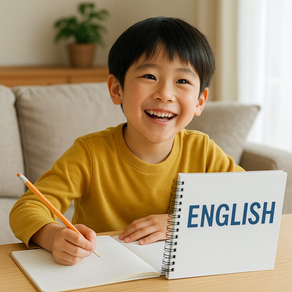 家のリビングで英語の勉強を楽しそうにしている小学生の男の子