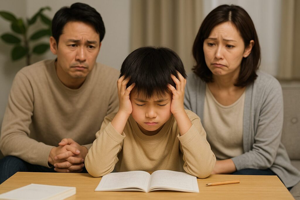 自宅リビングで勉強中に頭を抱える小学生の男の子と、それを心配そうに困ったような表情で見つめる父親・母親