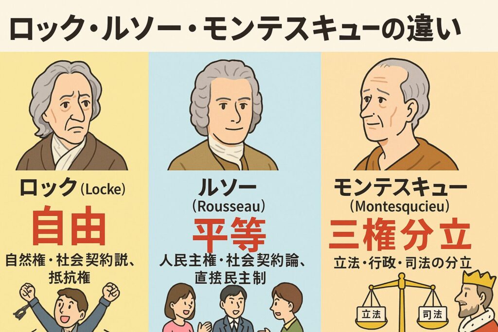 ロック、ルソー、モンテスキューの違いを表すイラスト