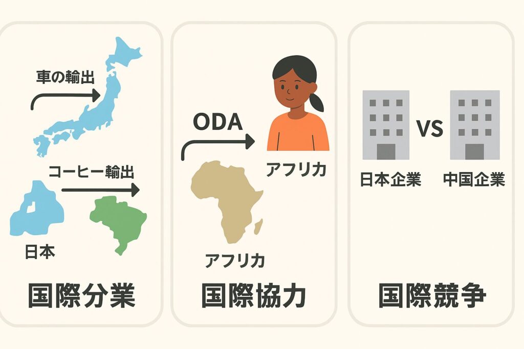 国際分業・国際協力・国際競争の違いの図