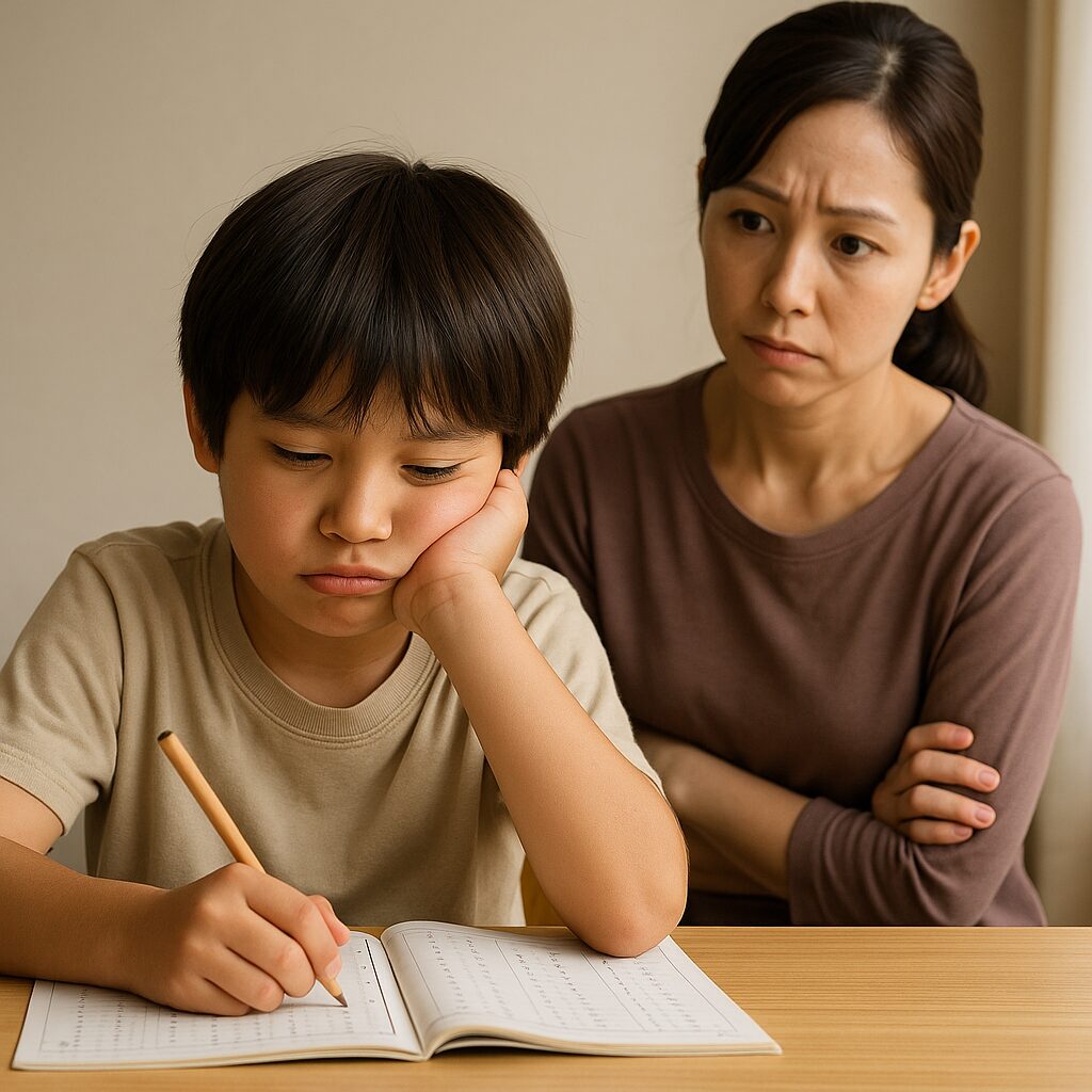 勉強に集中できていない様子の小学生と、その様子を後ろから不安そうに見つめる母親
