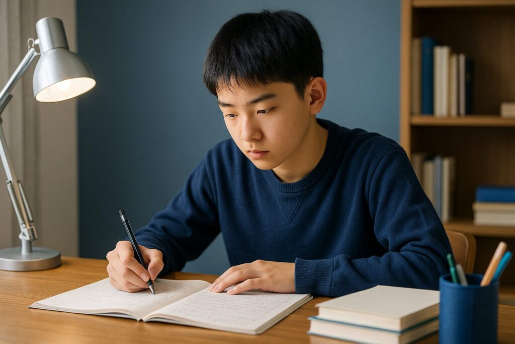 自分の部屋の勉強机で、集中して勉強する中学生男子