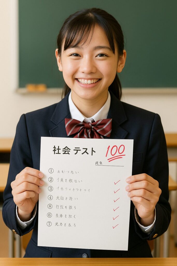 100点の社会の答案用紙を笑顔で見せる中学生女子