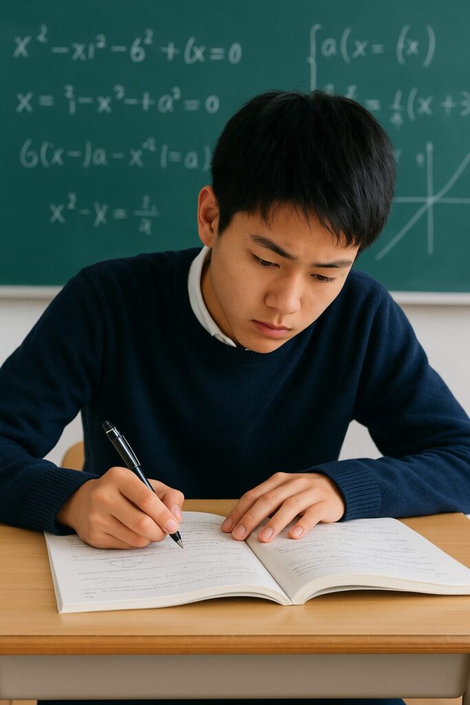 数学の問題集を集中して解く高校生男子