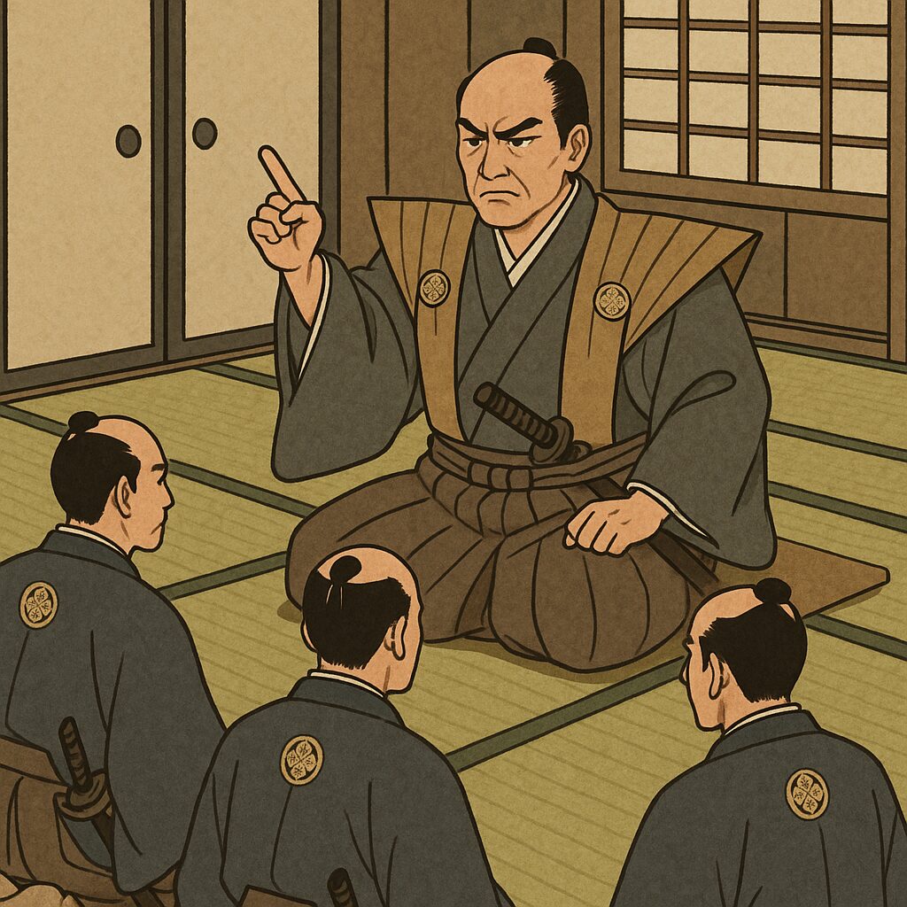 老中・田沼意次が裃をつけて威厳のある表情で、江戸城内の部屋で部下の武士たちに命令を下している様子