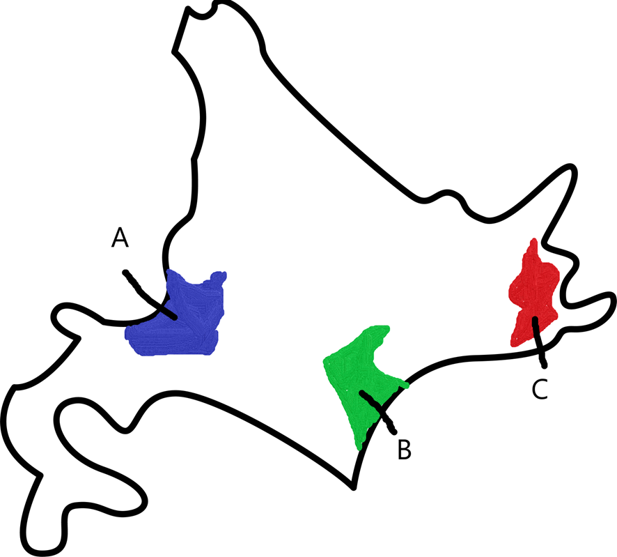 石狩平野、根釧台地、十勝平野の場所を示す地図
