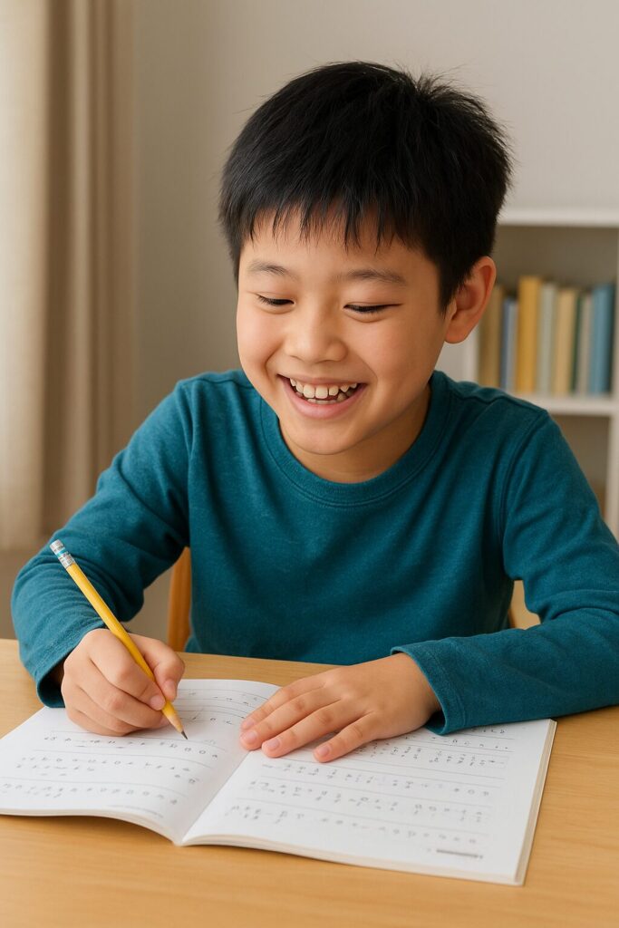 うれしそうな表情で問題集を解く小学生男子