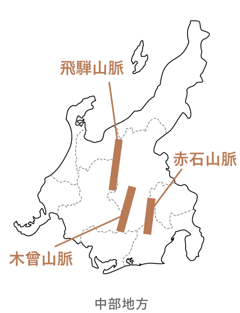 中部地方の主要な山脈を示す地図