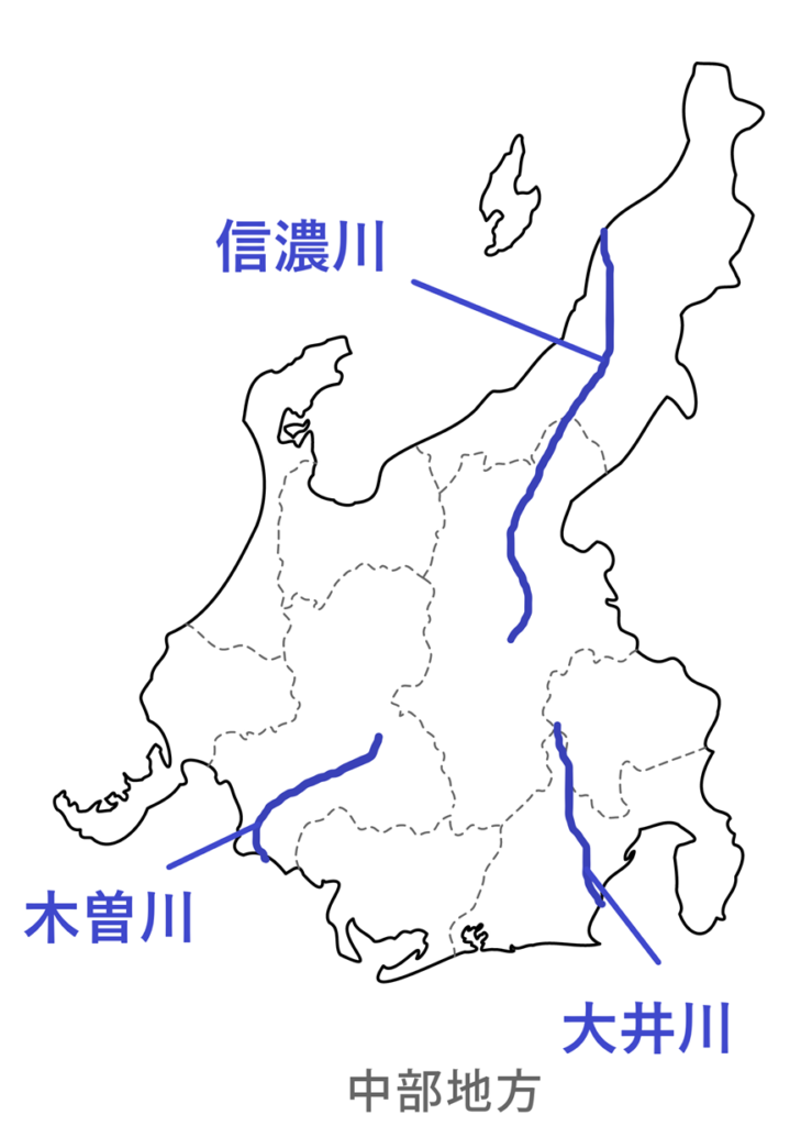 中部地方の主要な川の場所を示す地図
