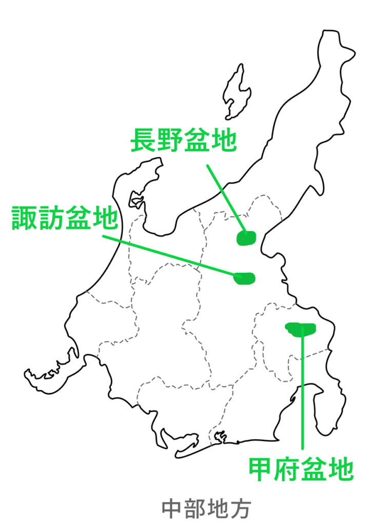 中部地方の主要な盆地の場所を示す地図