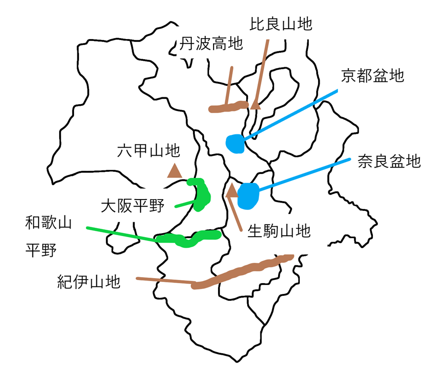 近畿地方の主要な平野、山地、盆地、高地、川の場所を示す地図