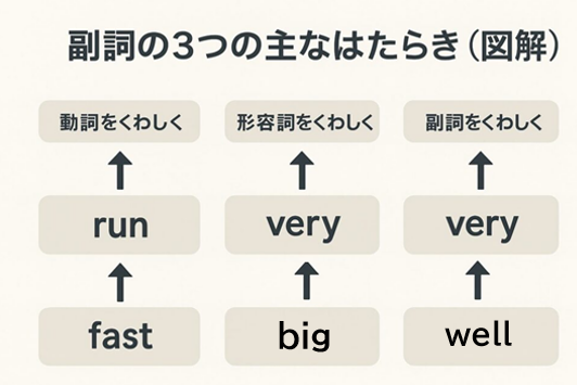 中1英語｜副詞の3つのはたらき｜動詞・形容詞・副詞をくわしくする例