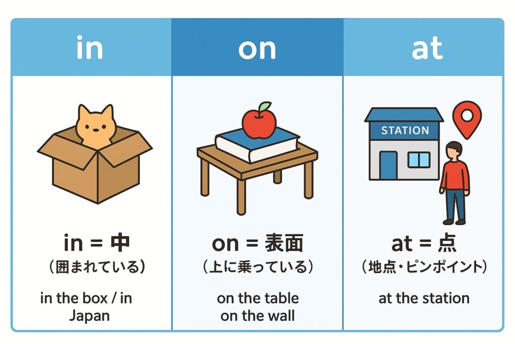 in / on / atの場所による使い分けの図解①