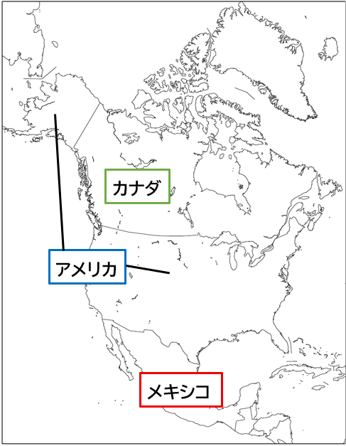 北アメリカの地図（国名入り）
