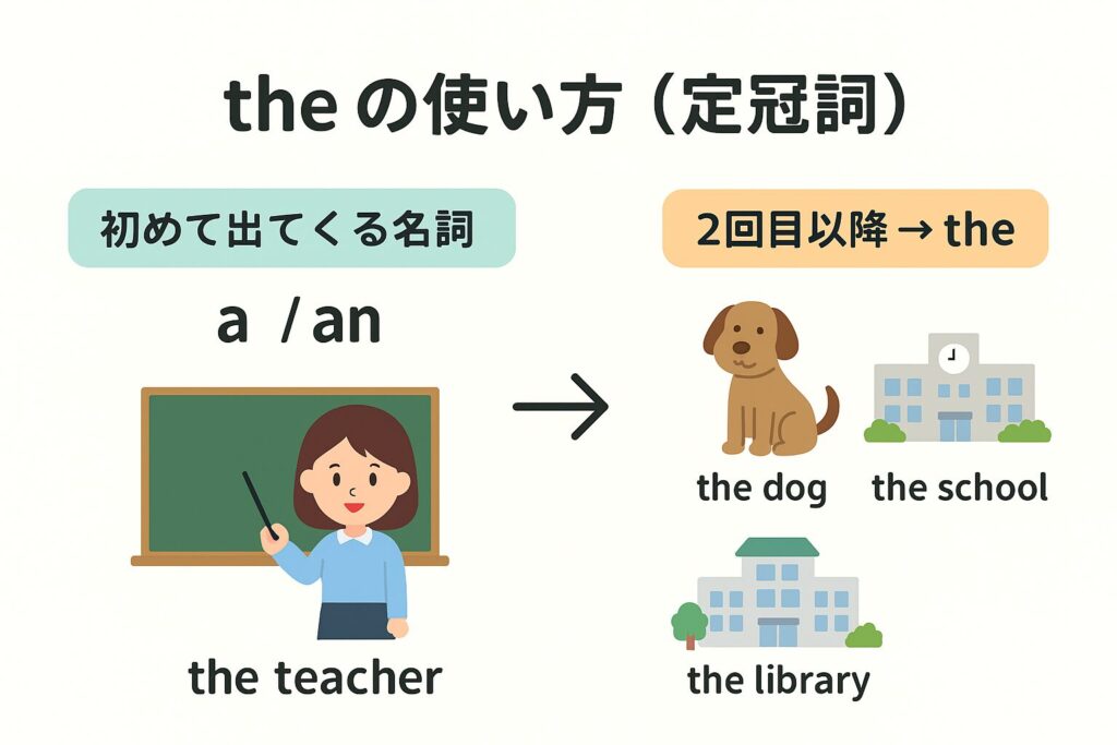 中学英語の定冠詞 the の使い方例をイラストで解説した図