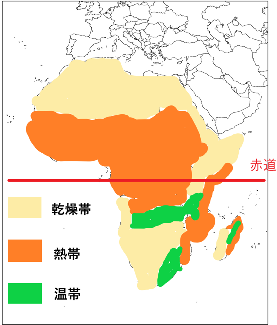 中1向け | アフリカ州の気候帯分布の地図(熱帯・乾燥帯、赤道入り)