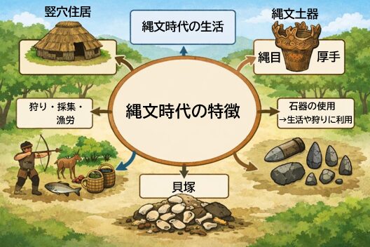 縄文時代の暮らしと特徴まとめ図｜狩り・採集・竪穴住居・縄文土器