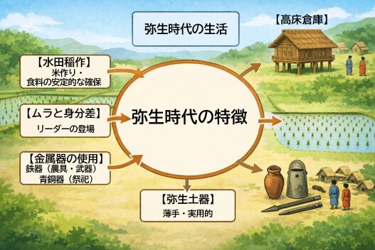 弥生時代の特徴まとめ図｜稲作・高床倉庫・弥生土器・金属器