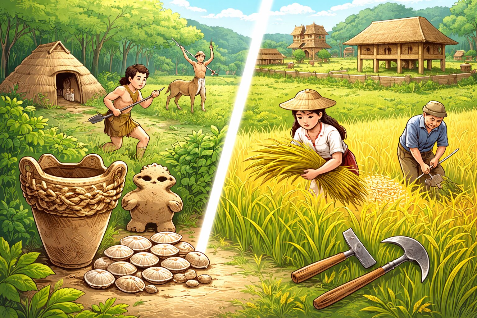 中1歴史 縄文時代と弥生時代の違いを比較した学習用イラスト