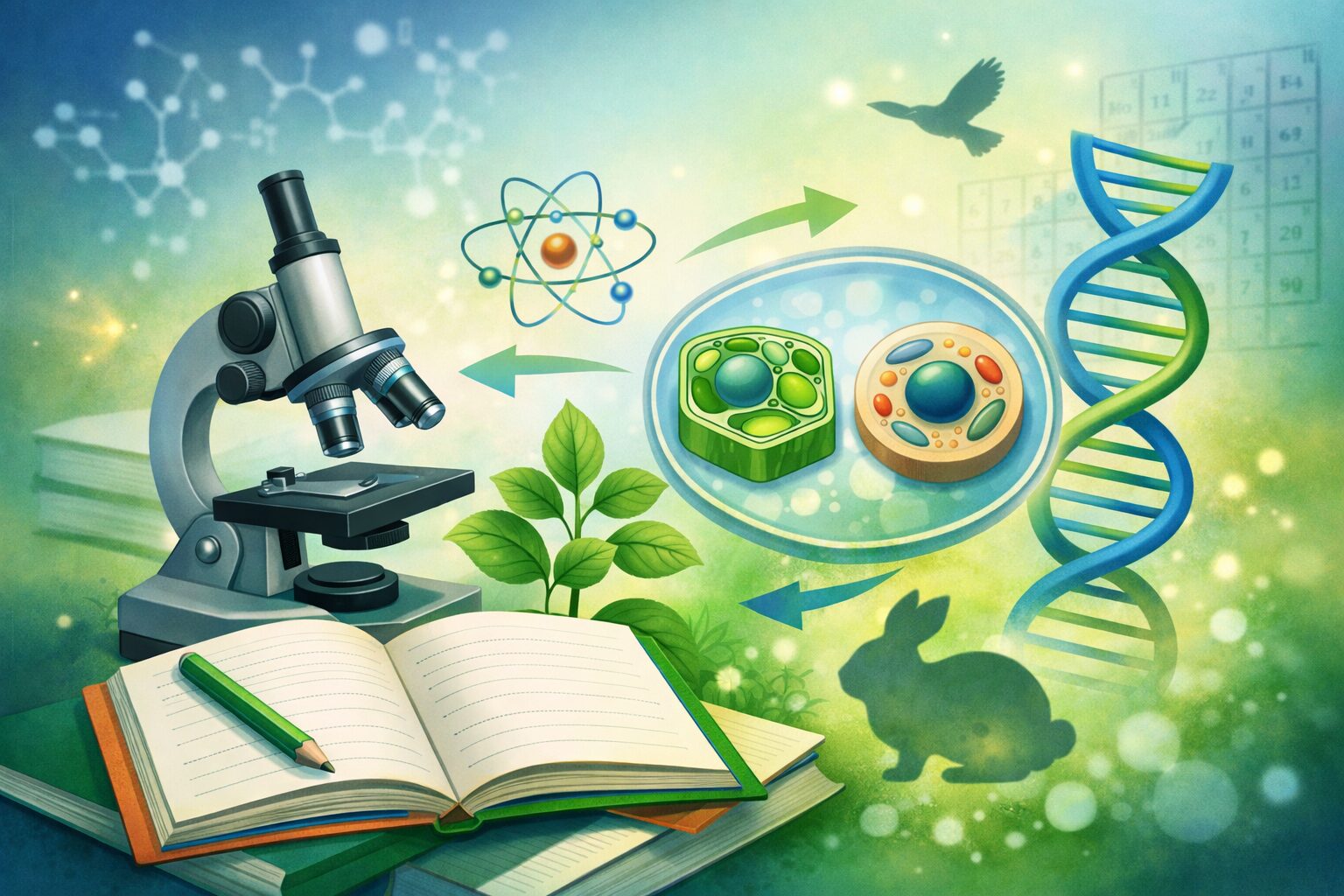 高校入試理科の生物分野（細胞・植物・動物・遺伝）をまとめたイメージ