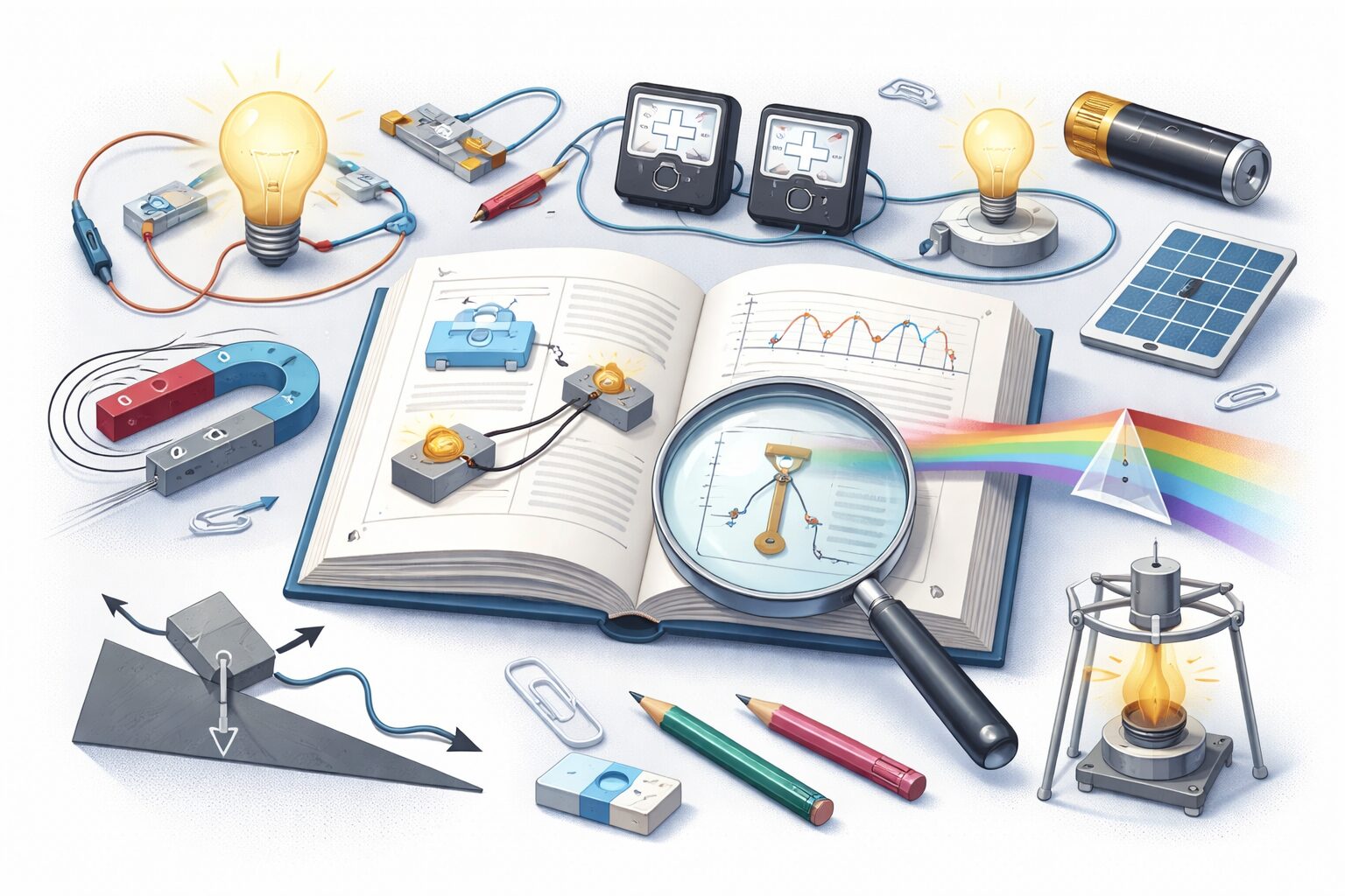 高校入試理科の物理分野をイメージしたイラスト。力の運動、電気回路、光、磁界、エネルギーなどを表す学習用ビジュアル