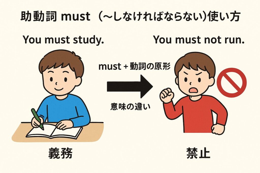 must の肯定文と否定文の意味をイラストで示した図