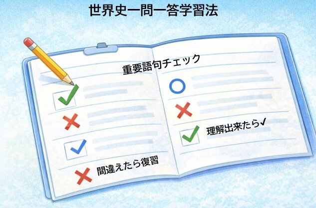 高校入試世界史の重要語句を一問一答で確認している学習イメージ