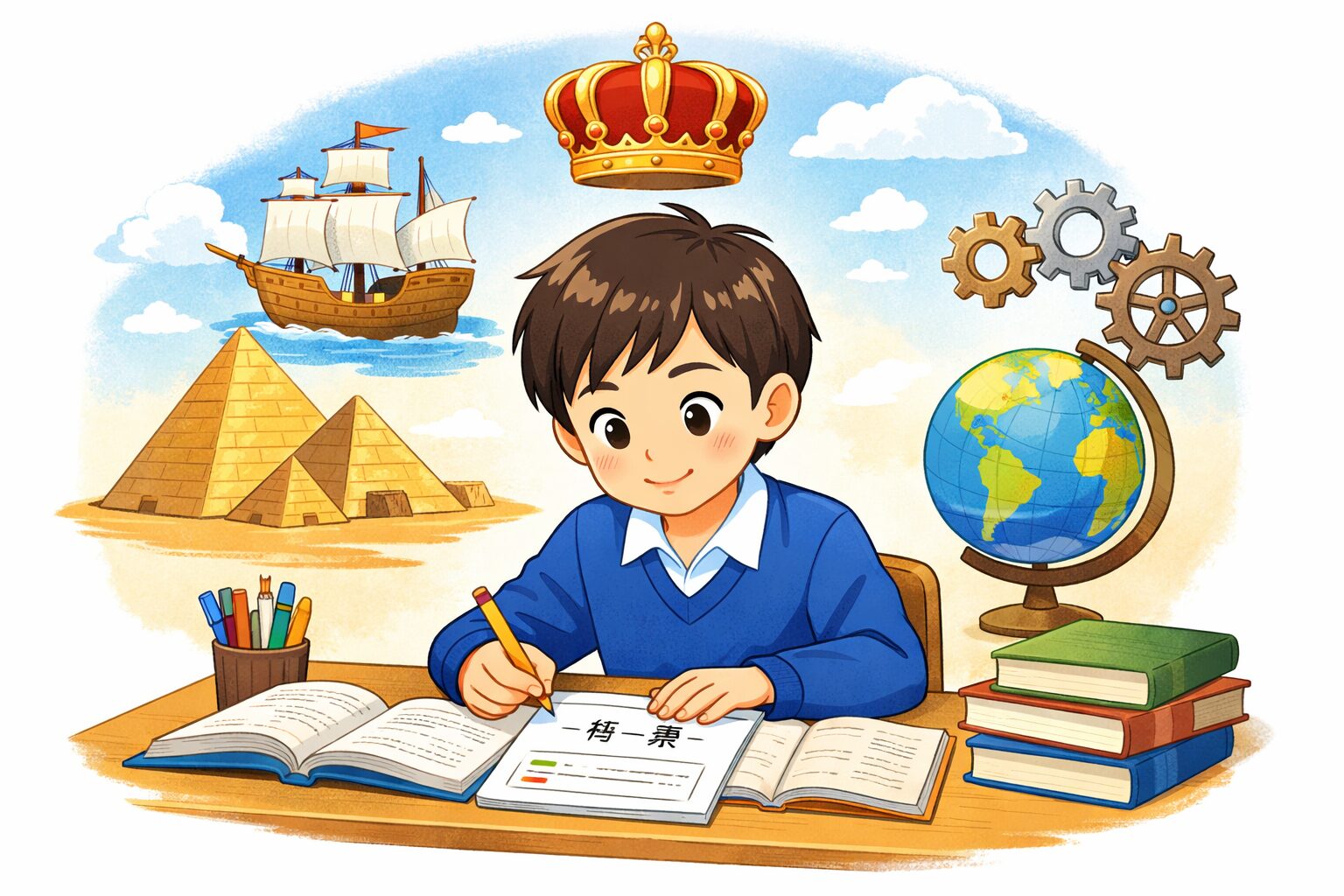 高校入試社会の世界史を一問一答と記述問題で勉強する中学生のイラスト