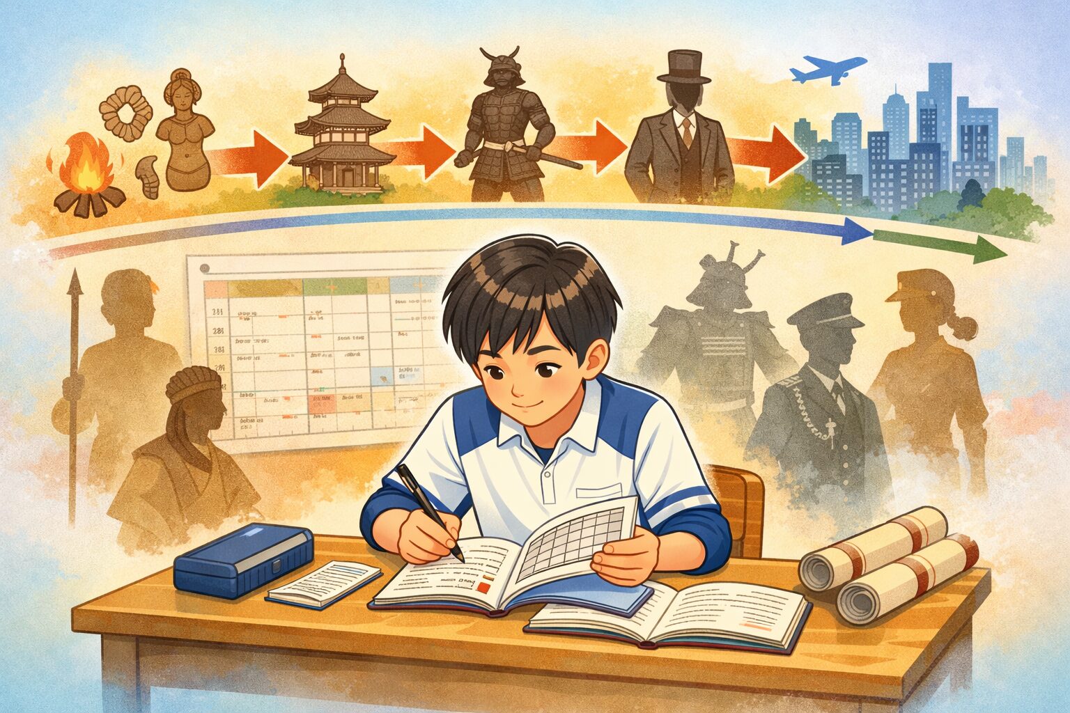 高校入試社会の歴史を一問一答で学習する中学生のイメージ