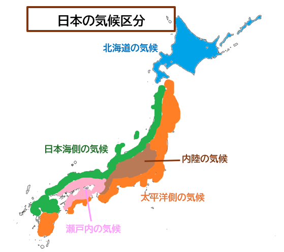 日本の気候区分（北海道・太平洋側・日本海側・内陸・瀬戸内）を示した地図