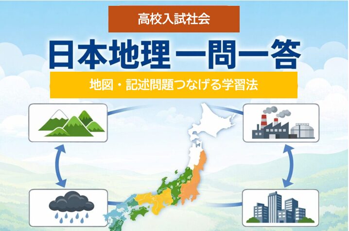 日本地理の全体像と頻出分野を整理した高校入試対策イメージ図