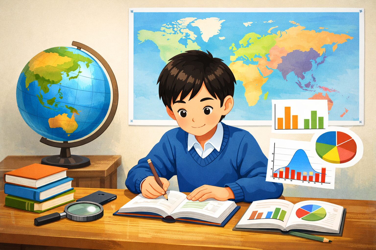 高校入試社会の世界地理対策として一問一答と記述問題を学習している中学生のイメージ