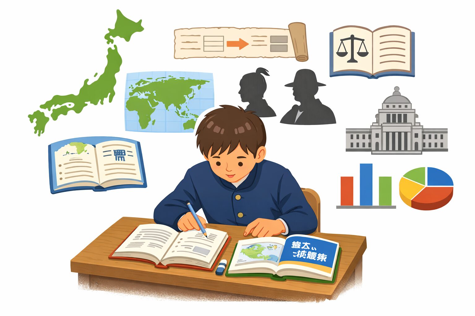 中学生が机で「社会の問題集」「一問一答」を開いて勉強しているイラスト