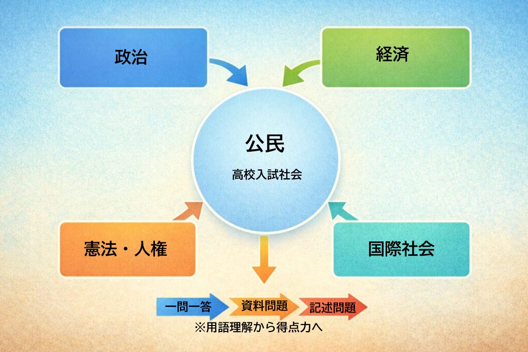 高校入試社会公民の出題分野と学習全体像を示した図