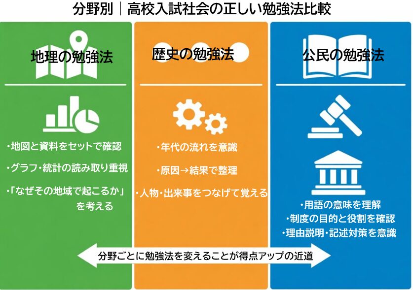 高校入試社会の地理・歴史・公民それぞれに合った勉強法の違いを示した比較図