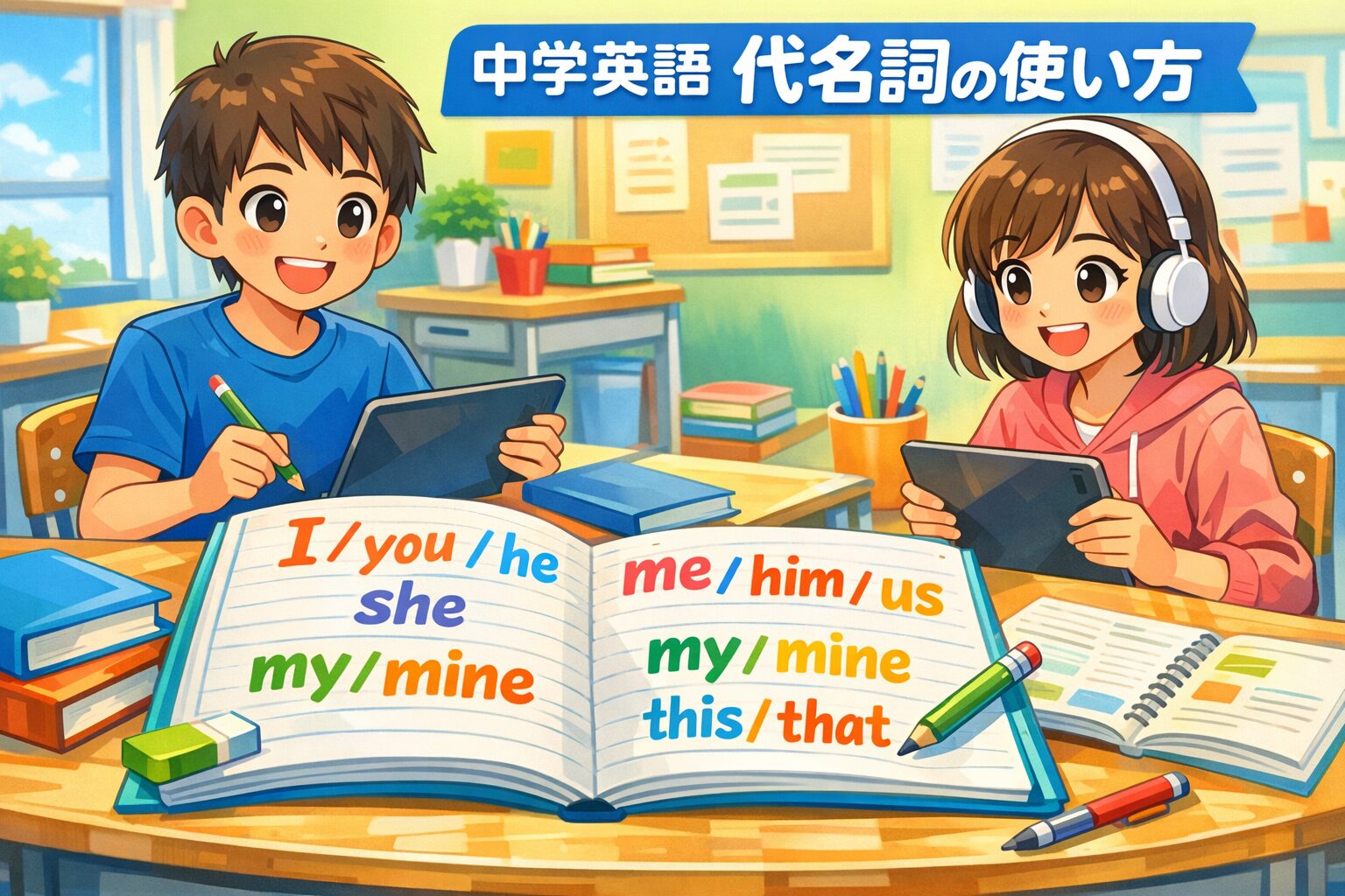 中学英語 代名詞の使い方を学ぶイメージ。主格・目的格・所有格・指示代名詞を色分けで示した学習用イラスト
