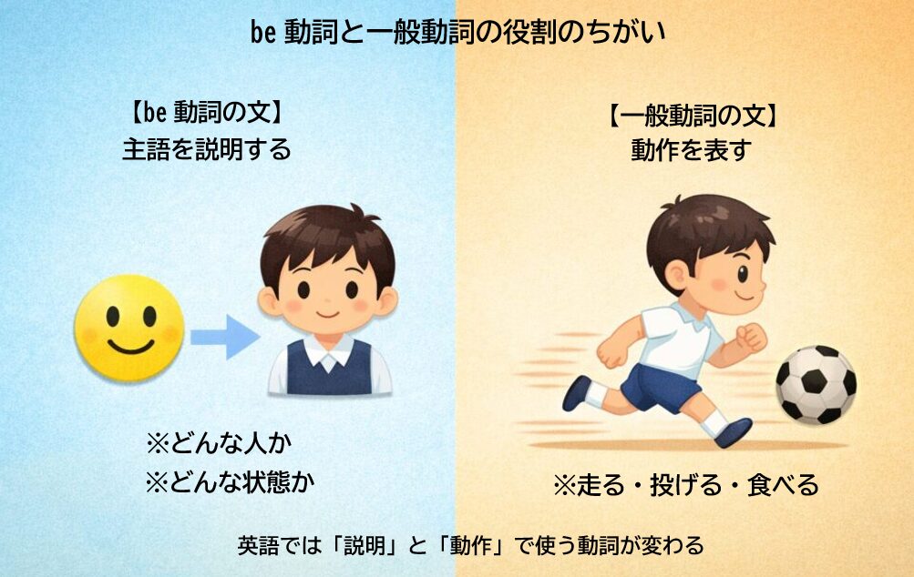 be動詞の文と一般動詞の文の役割の違いを比較したイメージ図