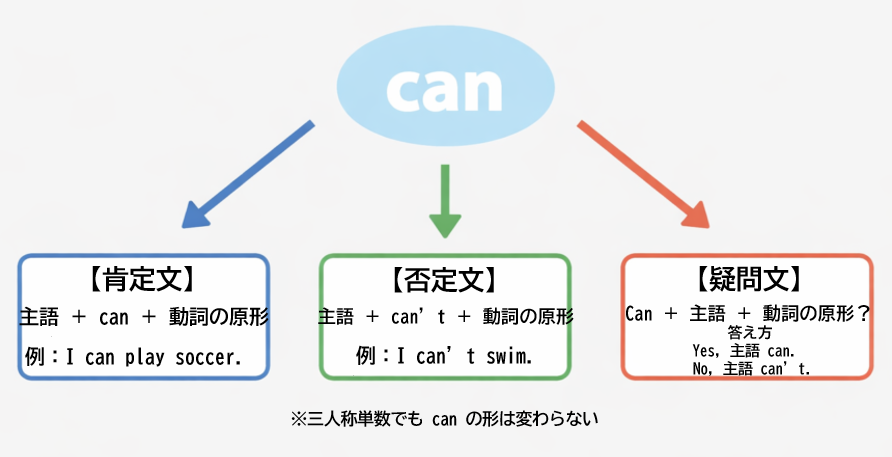 中学英語canの肯定文・否定文・疑問文の文の形を整理した図