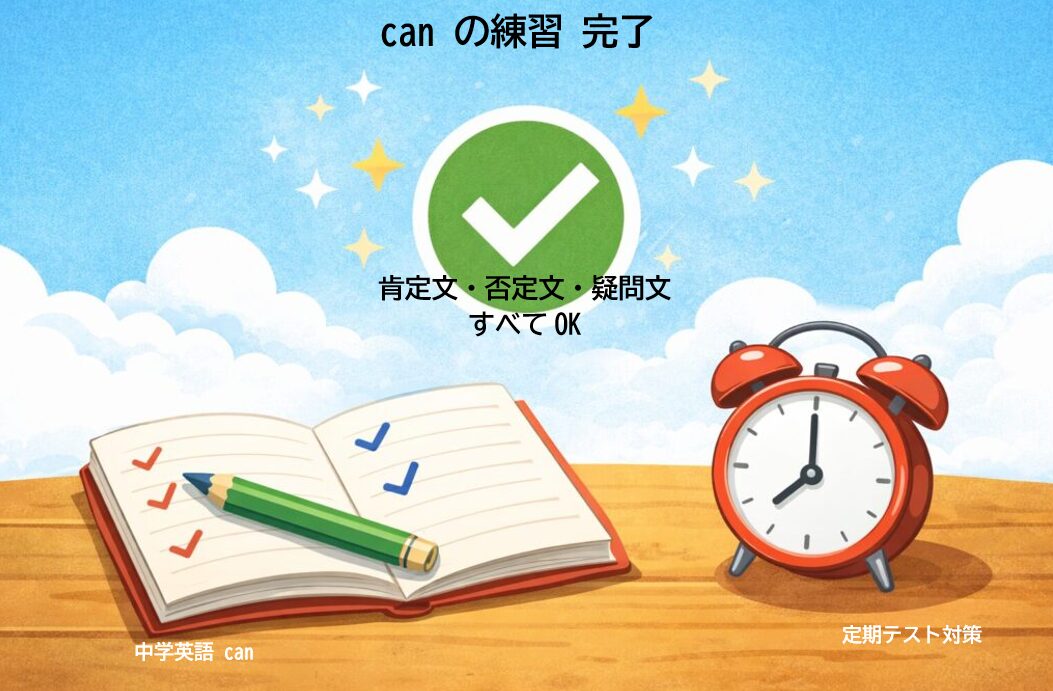 中学英語canの練習問題をやりきった学習完了イメージ