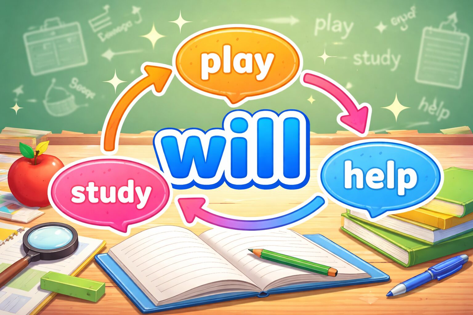 中学英語の助動詞willの使い方を練習問題も交えて解説するイメージ図