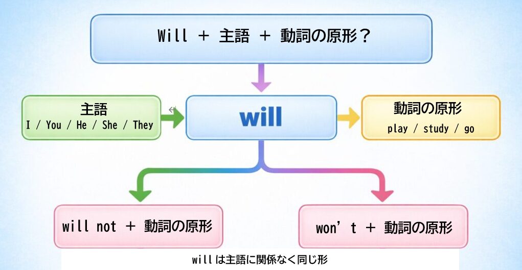 中学英語 助動詞willの基本文型（肯定文・否定文・疑問文）の構造イメージ図