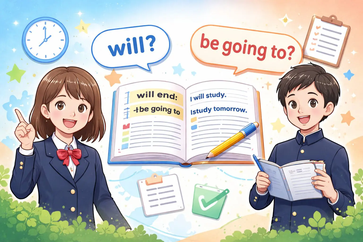 willとbe going toの違いを学ぶ中学生2人