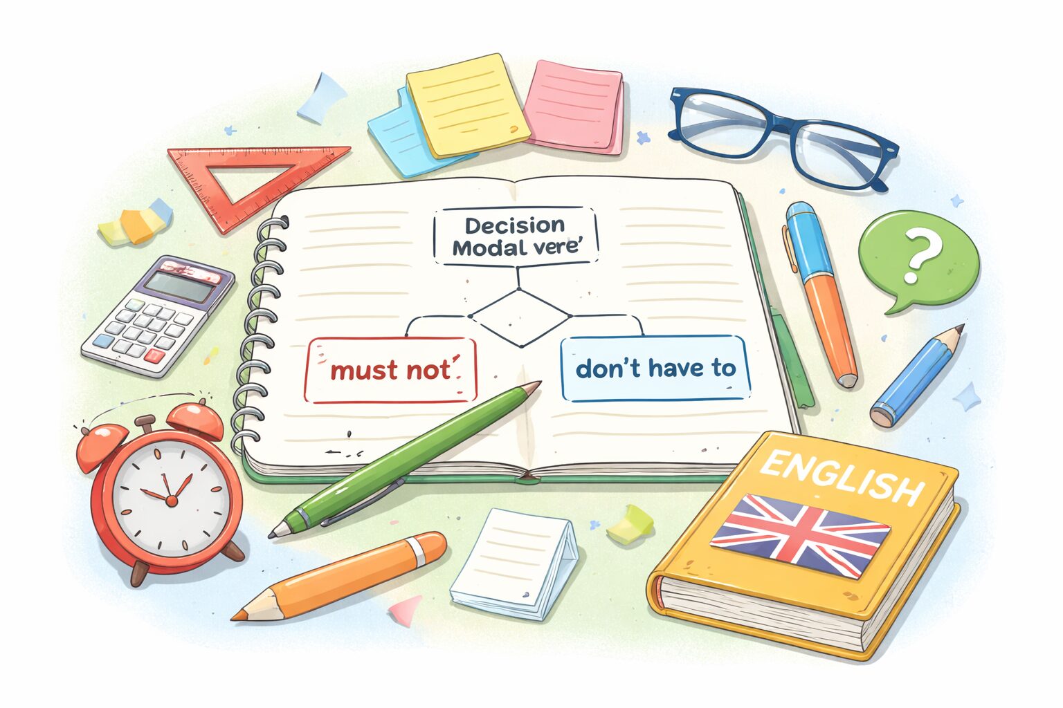 must notとdon't have toの意味と違いを勉強中のノートとエンピツ