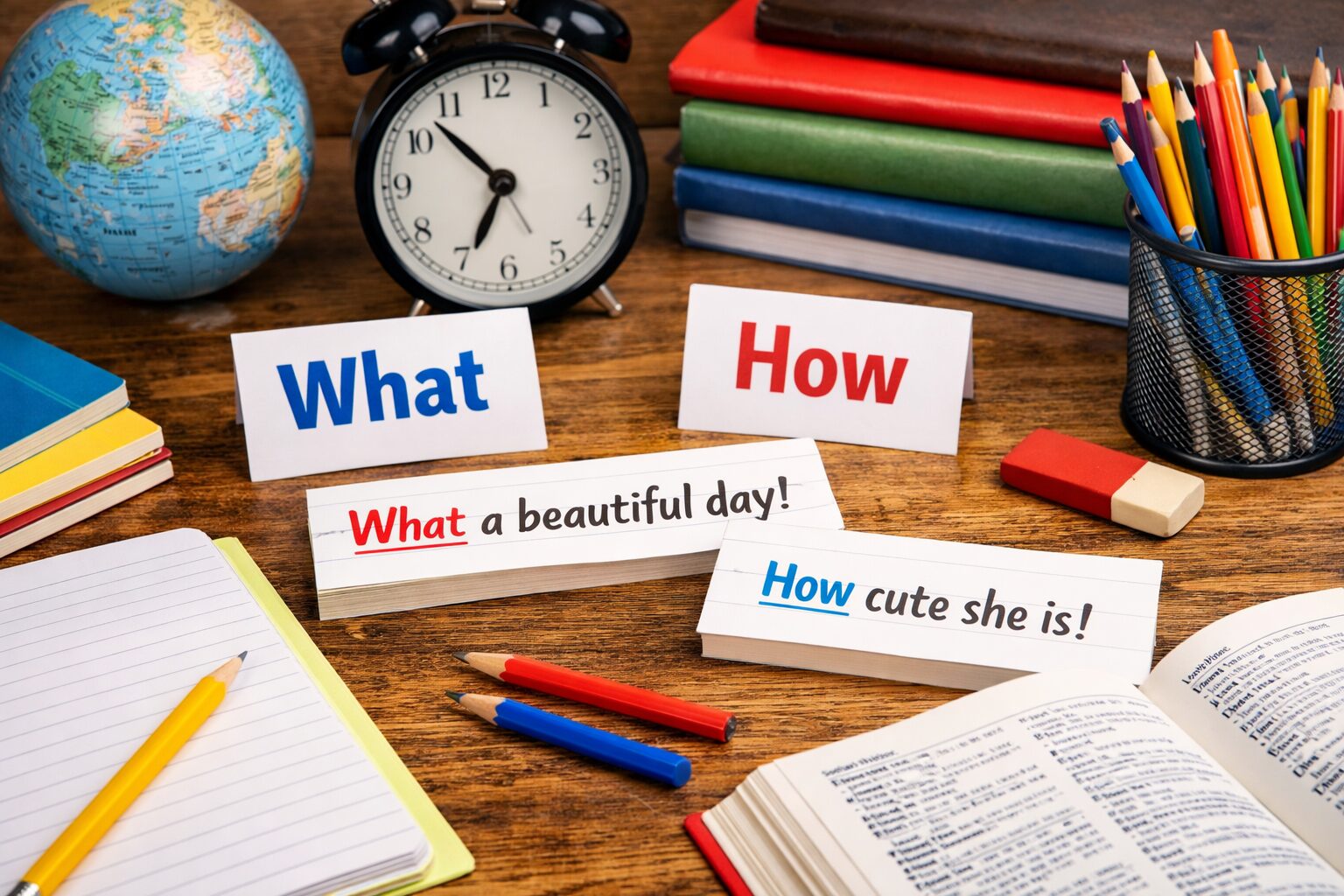中学英語の感嘆文の練習問題としてwhatやhowを使う問題を解いているイメージ図