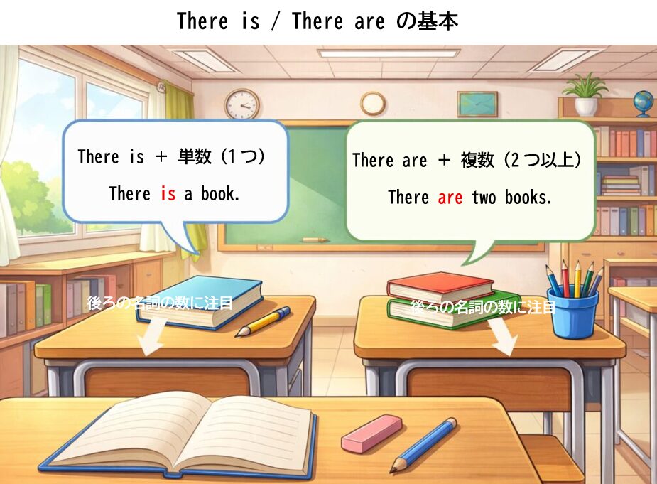 机の上に本やペンがあり、There is / There are の単数・複数の使い分けを示す中学英語の図解