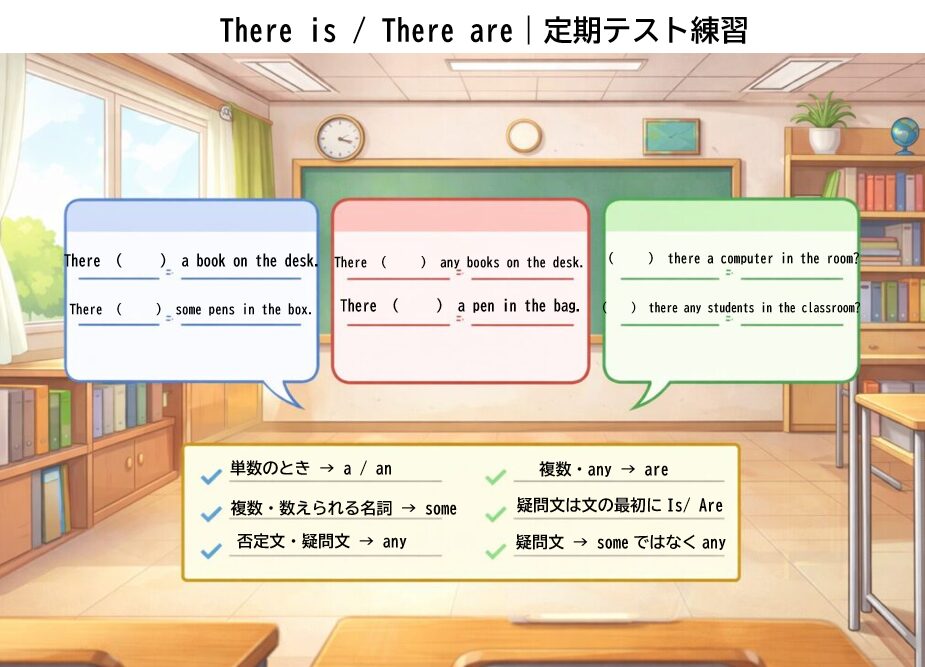 There is / There are の練習問題例を肯定文・否定文・疑問文に分けて示した図
